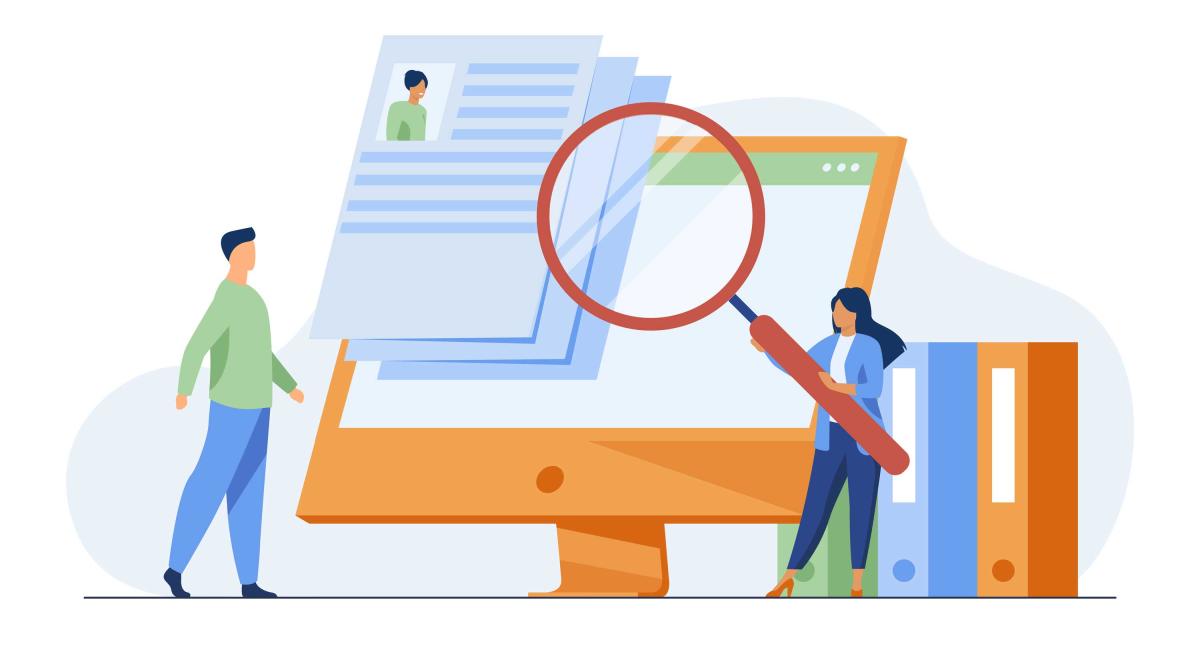 Un CV, une personne avec une grande loupe... une image pour illustrer la recherche d'emploi