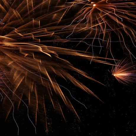 2 fleurs dorées et plein de filaments dans le ciel de nuit : feu d'artifice de Chorges