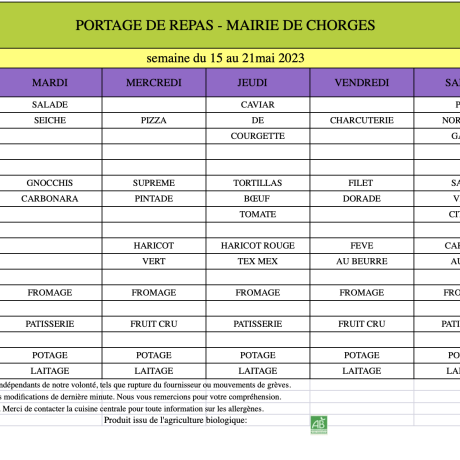 Menu du 15 au 21 mai 2023