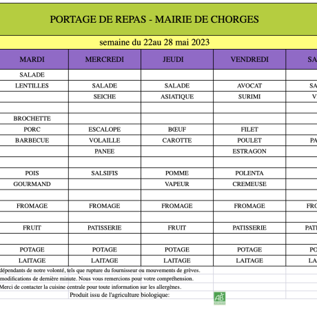 Menu du 22 au 28 MAI