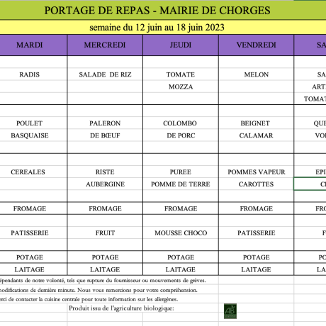 menu du 12 au 18 juin 2023