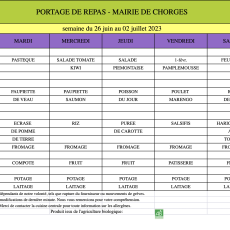 Menu du 26 juin au 02 juillet 2023