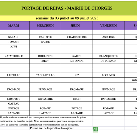 Menu du 3 au 9 juillet 2023