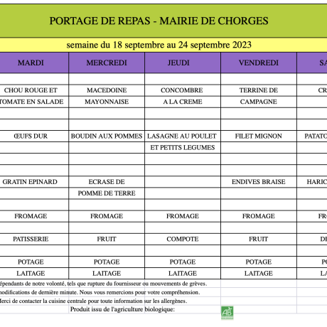 Menu du 18 au 24 sept 2023