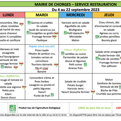 Menu du 4 au 22 sept 2023