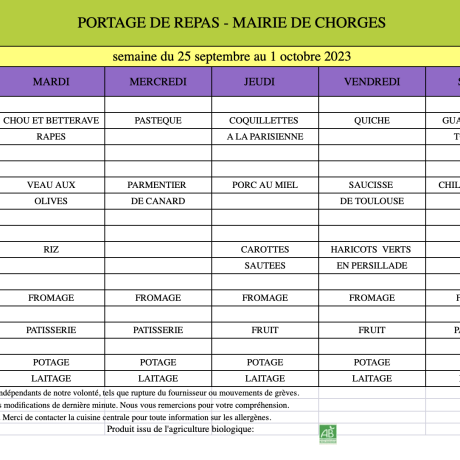 Menu du 25 sept au 1 oct 2023