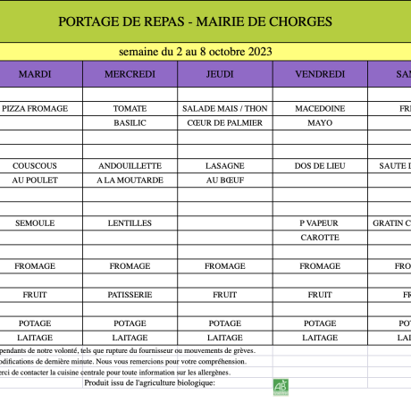 Menu du 2 au 8 oct. 2023