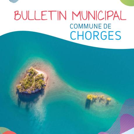 Bulletin municipal de Chorges page de couverture avec un ilot du lac de Serre-ponçon, vu du ciel